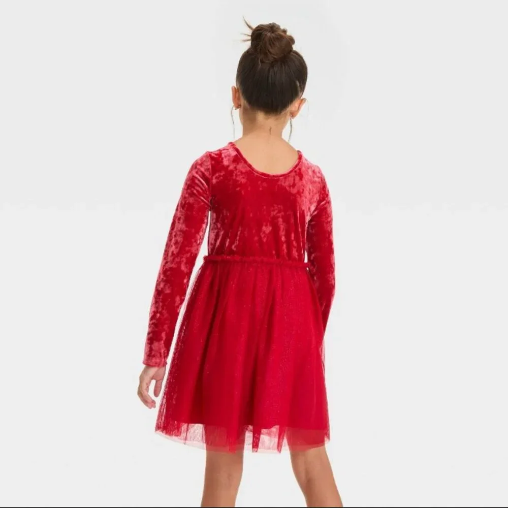 Long Sleeve Velour Tulle Red Velvet Girl's Holiday Dress-Cat & Jack XS